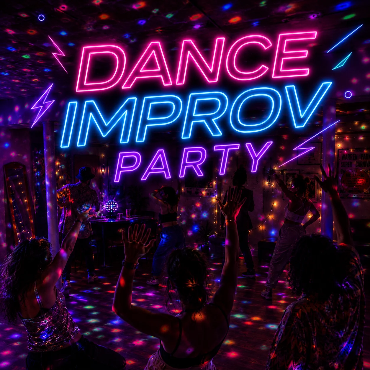 A neon Dance Improv Party sign above people dancing under colorful lights.