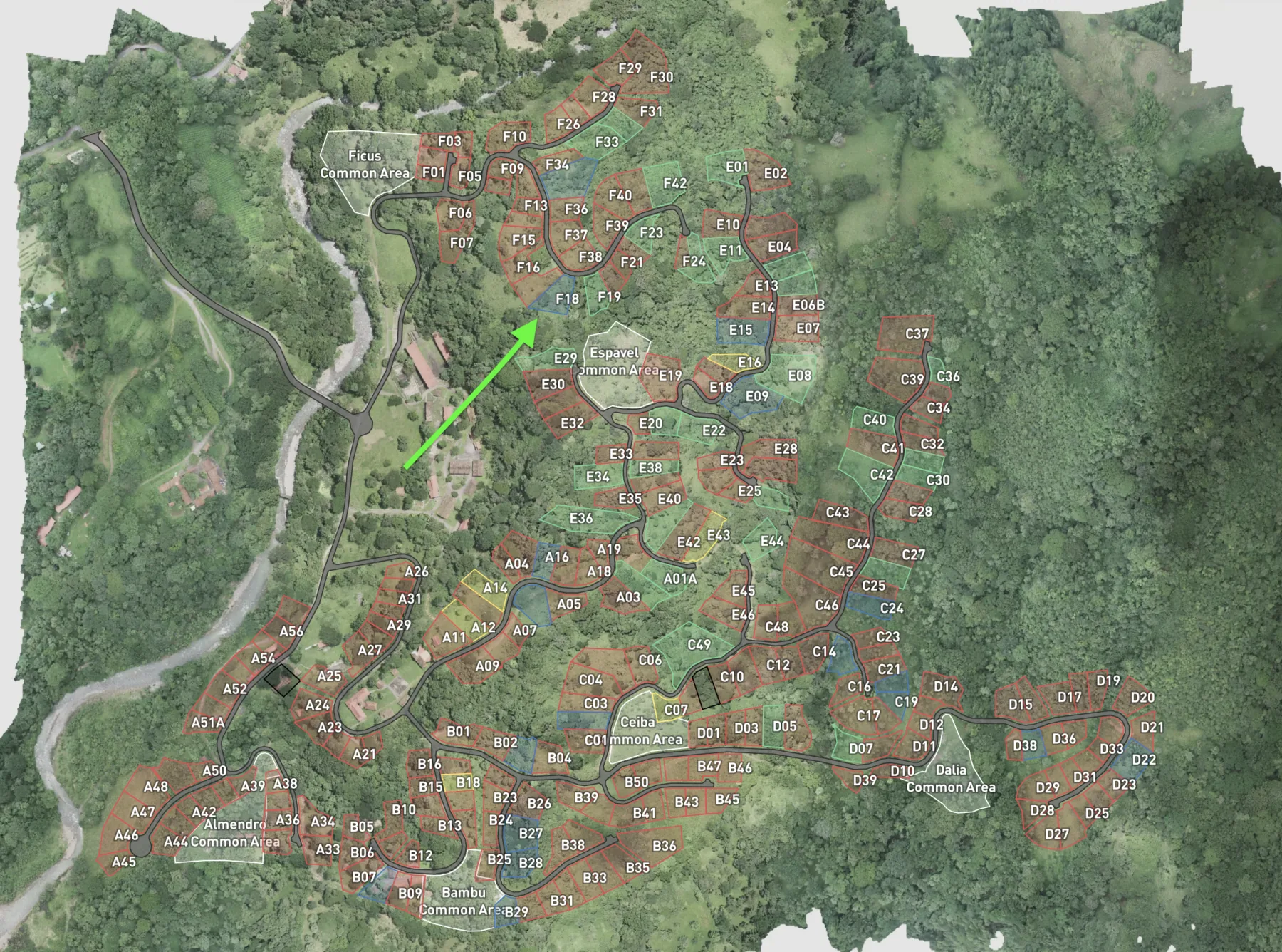 Aerial map of Ecovilla San Mateo with a bright green arrow pointing to lot F18, now called F618, in the Ficus neighborhood.