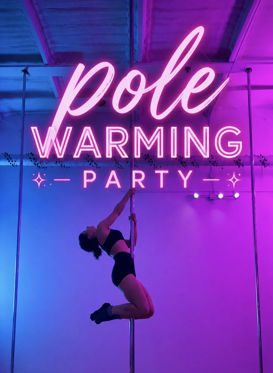 Dashiell performing on a pole in a blue-and-pink-lit studio beneath neon text reading ‘Pole Warming Party.’