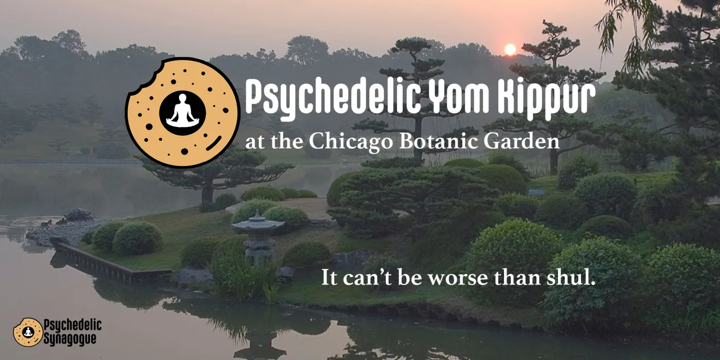 Event banner over a misty photo of the Chicago Botanic Garden at sunrise. A donut logo holds a seated meditating figure. The text reads ‘Psychedelic Yom Kippur at the Chicago Botanic Garden. It can’t be worse than shul.’