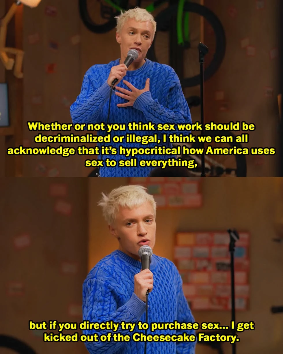 Two-panel comedy clip: a performer says America uses sex to sell everything, then jokes that trying to buy sex gets him kicked out of the Cheesecake Factory.