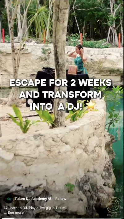 A woman plays a DJ set beside a pool under the text ‘Escape for 2 weeks and transform into a DJ!’