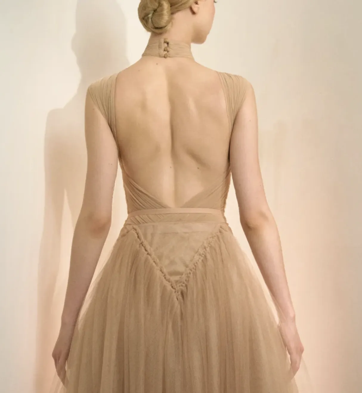 The back of a tan tulle gown with a low open back and full skirt